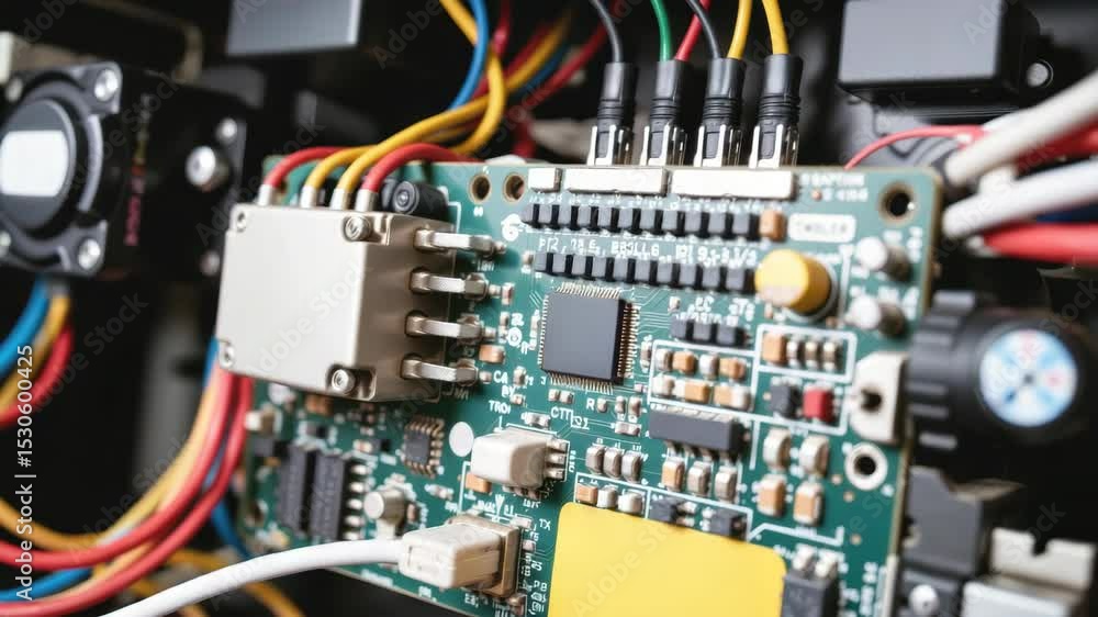 Poster automation factory concept, close-up of a circuit board with colorful wiring connections.