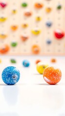 Obraz premium Colorful climbing holds on white surface, indoor wall in background