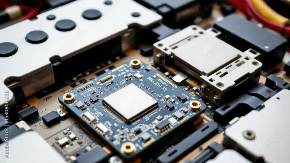 Aufkleber automation factory concept, close-up of a circuit board with various electronic components.