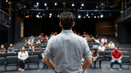 Man stands on stage in front of audience during theater performance, showcasing atmosphere of engagement and anticipation