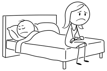 Cartoon vector illustration of depressed woman sitting on bed while man sleeps. Relationship problems concept. Flat style, isolated on white.