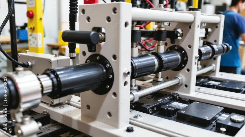 Poster automation factory concept, industrial machinery with precision components in operation.