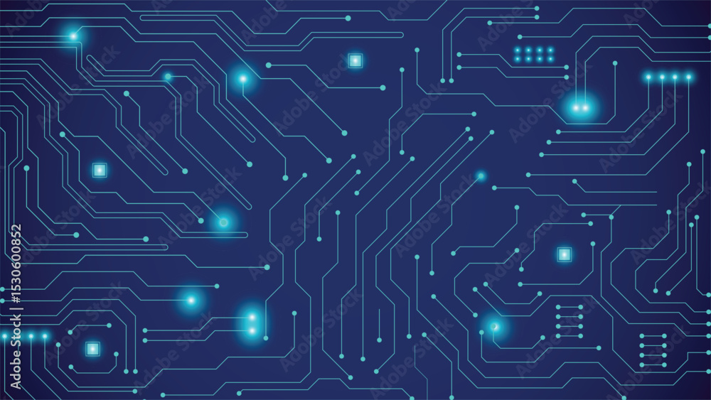 Poster high tech digital circuit board background with glowing blue lines on dark blue gradient perfect for