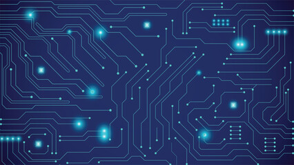 High tech digital circuit board background with glowing blue lines on dark blue gradient perfect for technology themes websites and presentations