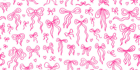 Bow pattern. Seamless pink ribbon coquette print. Cute bow vintage seamless pattern. Repeat vector hand drawn bg. Valentine, Wedding, Birthday graphic. Pink line ribbon background. Retro crayon print