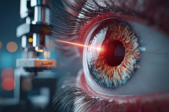 Close-up of human eye receiving laser treatment with advanced scientific equipment, showcasing precision and futuristic healthcare technology in action.