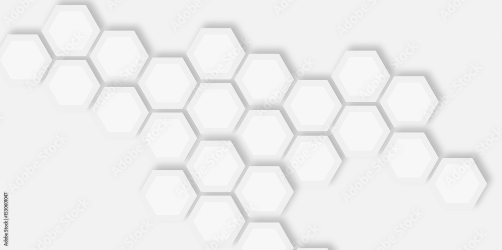 Poster white hexagonal tiles arranged in a cluster pattern light gray surface creating modern design.
