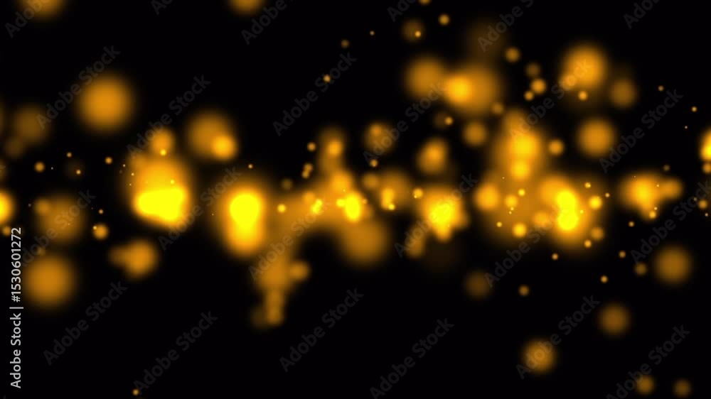 Poster orange particles are floating on a dark background with lens flare, creating a magical and festive a