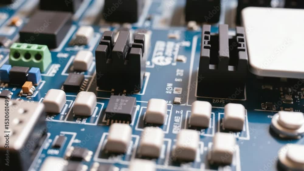 Poster automation factory concept, close-up of an electronic circuit board with components and connections.