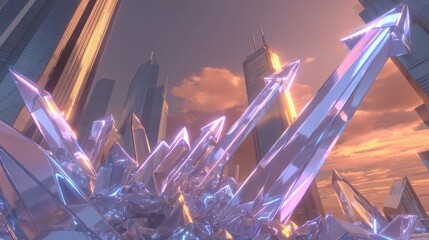 Abstract Futuristic Cityscape With Glowing Crystals And Arrows