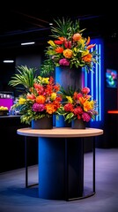 Vibrant floral arrangements on table, event venue