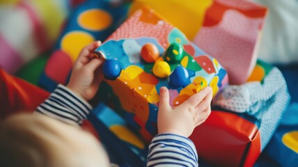Small child holding a colorful decorated present box eagerly