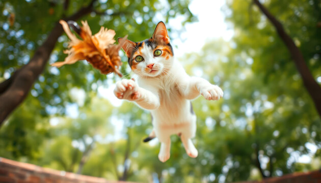 Playful Calico Kitten Leaping to Catch a Falling Autumn Leaf in Mid-Air