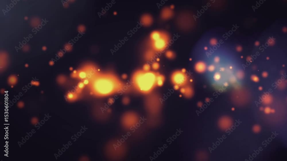 Poster golden particles are floating on a dark background with lens flare, creating a magical and festive a