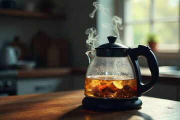 A kettle whistling, steam billowing from its spout, water bubbling furiously inside  Perfect for concepts of heat, energy, and domestic life , boiling point, domestic