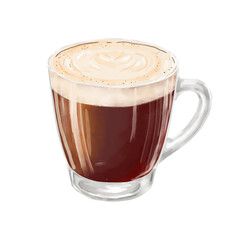 Coffee with milk and foam in a transparent cup. Watercolor illustration. Mug of hot cappuccino coffee, latte, isolated on a white background. A theme for coffee shops, textiles and printing