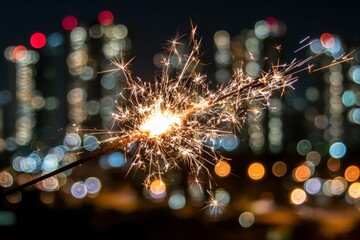 Sparkler Against City Lights At Night