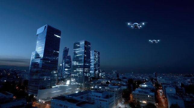 A nighttime urban skyline illuminated by soft lights as stealthy drones navigate through the dark exeing a response to the unvoiced emergency signal detected by omnipresent AGIenabled