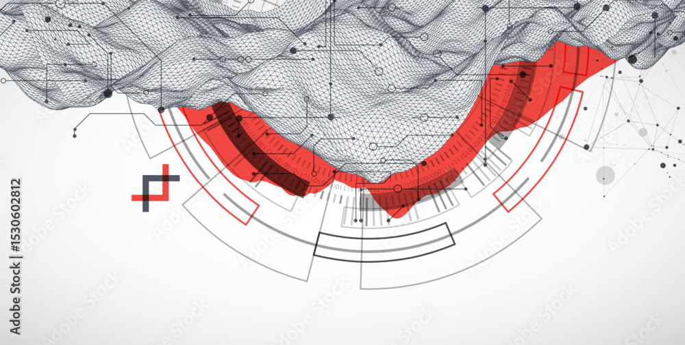 Fototapete Abstract data background with wireframe wave and circuit lines. Technology concept. Vector