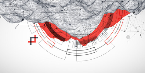Abstract data background with wireframe wave and circuit lines. Technology concept. Vector