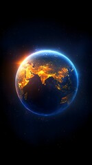 Naklejka premium Sunrise over Asia, Earth globe, space, night lights, global, futuristic design