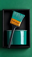 Teal paintbrush, paint can, box, green backdrop, DIY