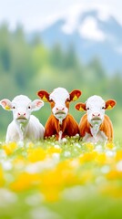 Three calves posing in spring meadow, mountains background, farm animals