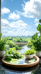 Tranquil indoor plantscape overlooking cityscape park