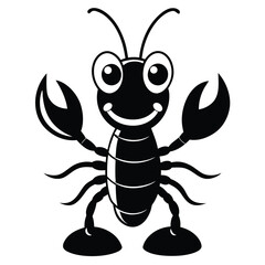 Smiling black and white cartoon lobster character stands cheerfully with its claws outstretched in silhouette