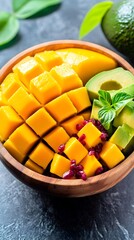 Tropical fruit salad bowl, kitchen counter, mango, avocado, pomegranate