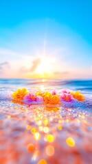 Tropical flowers, sunrise beach, ocean wave, bokeh