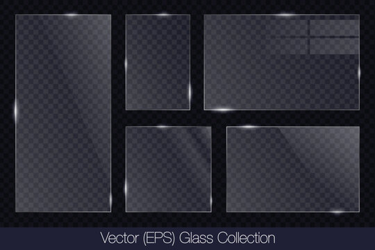 Realistic 3D glass transparent square and rectangle frame with glare, flat glass or plastic plate, flat transparent glass lens, realistic screen glass, window mockup, vector illustrattion