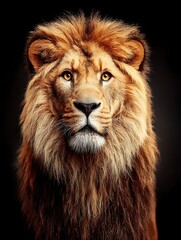 the image presents a close up portrait of a regal male animal with a majestic mane against a black backdrop