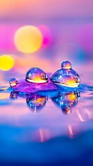 Water droplets reflecting sunset bokeh on surface