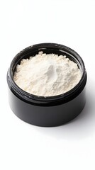 White powder in black jar, studio shot, clean background, cosmetic ingredient