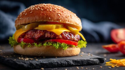 Delicious Gourmet Cheeseburger On Dark Slate Plate