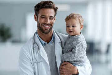 Smiling healthcare professional holds child in modern clinic