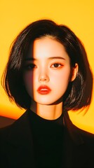Woman, portrait, studio, yellow, shadow, bob, makeup, fashion, sunlight, beauty