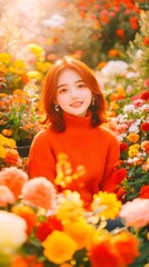 Woman smiles in autumn floral garden, sunlit