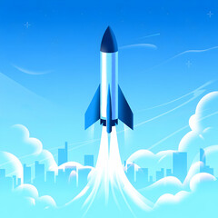 Fototapeta premium Blue Rocket Launching Above Cityscape Cloudscape spaceship
