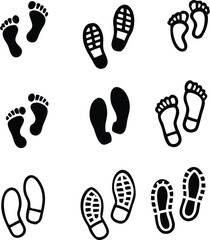Shoe and bare foot print icon vector set. isolated on white background.