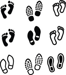 Shoe and bare foot print icon vector set. isolated on white background.