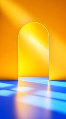 Yellow archway, bright room, blue floor, light beams, product display