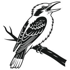 Striking kookaburra perches on a branch, its beak wide open in bold monochrome style