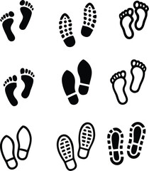 Shoe and bare foot print icon vector set. isolated on white background.