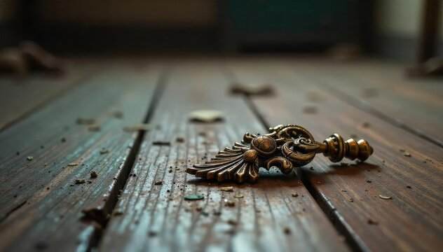 A single, ornate, antique-style decoration lies forgotten on a dusty, wooden floorboard, amidst scattered debris  The gilding is tarnished, hinting at a lost grandeur  , vintage, forgotten item