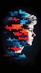 Youthful profile, puzzle mind, dark background, mental health