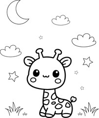 Cute baby giraffe black and white outline coloring book or page for children, ready to print, vector illustration	