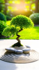 Zen garden bonsai tree sunrise serenity