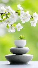Zen garden spring blossoms, peaceful scene, nature backdrop, wellness